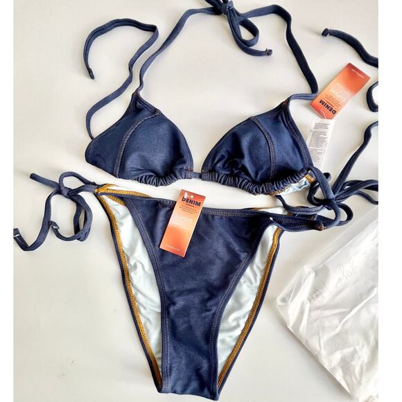 NWT Cupshe X JoJo Escaping Denim Effect Bikini Top & Side Tie Bottoms Set Blue S - Picture 3 of 9